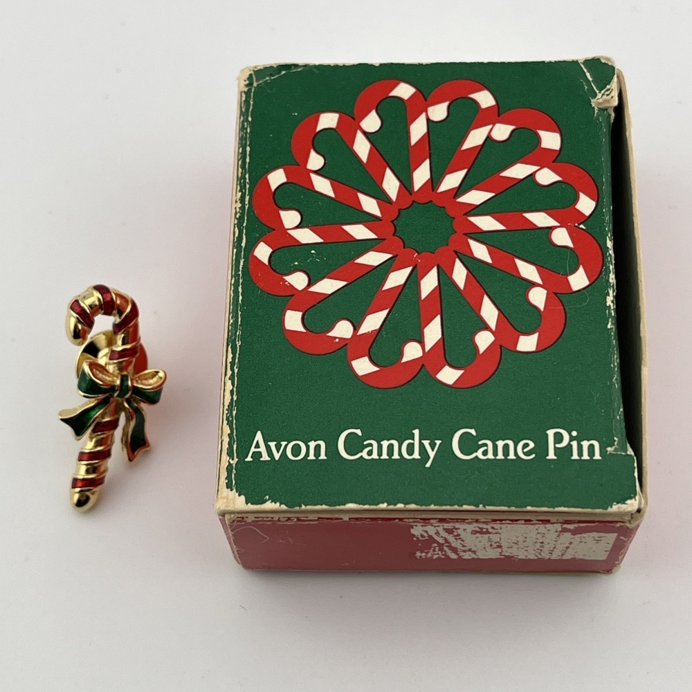 Vintage 1986 Avon Candy Cane Red Christmas Bow Pin in Original Box